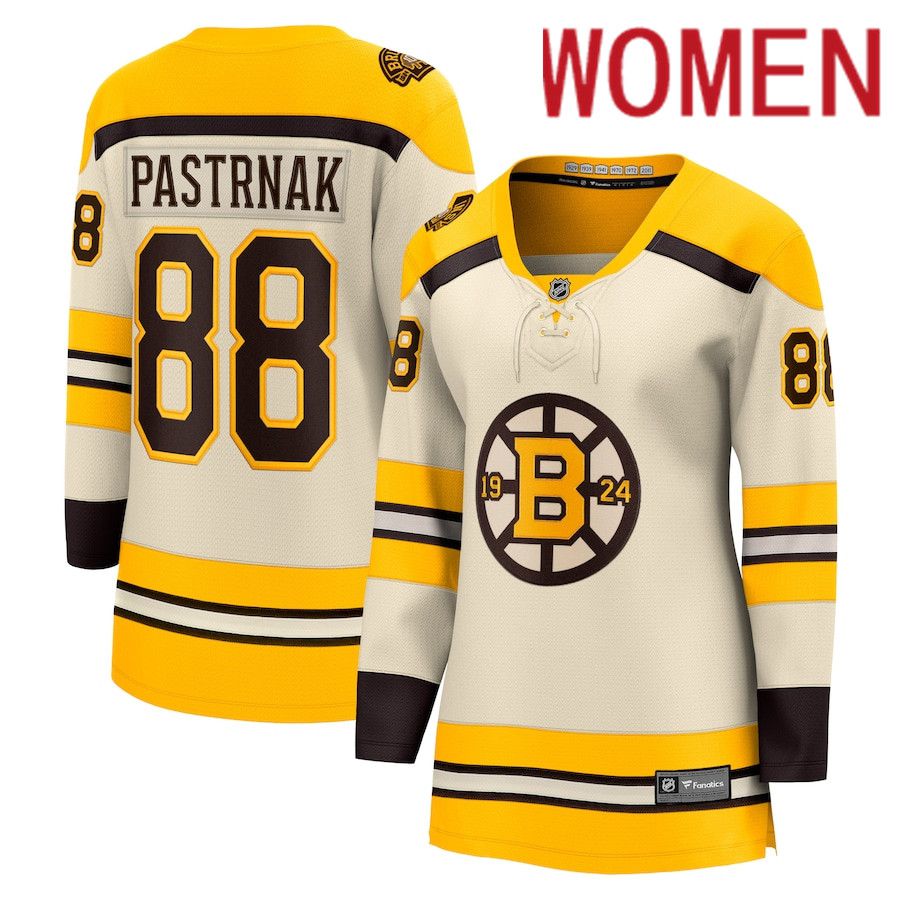 Women Boston Bruins #88 David Pastrnak Fanatics Branded Cream 100th Anniversary Premier Breakaway Player NHL Jersey->boston bruins->NHL Jersey